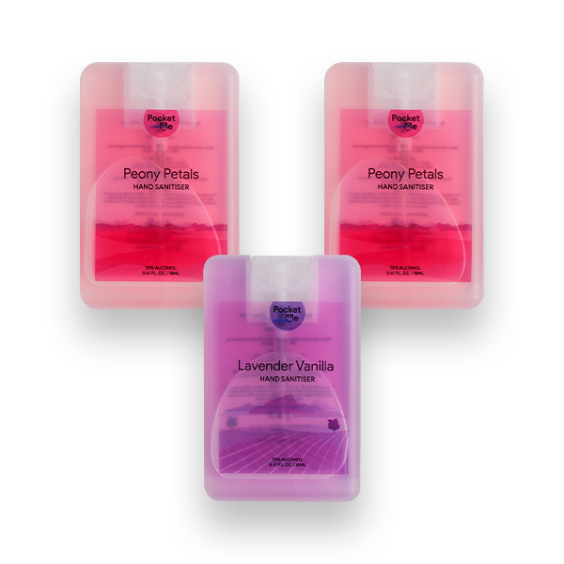 Pocket Me Hand Sanitizer Spray - 2 x  Peony Petals 18ml + 1 x Lavendar Vanilla 18ml
